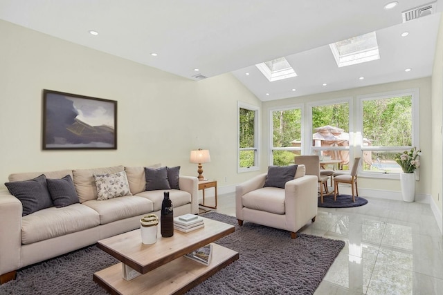 7 Mcculloch Dr, Dix Hills, NY 11746 - living area with a skylight, baseboards, light marble finish floors, recessed lighting, and lofted ceiling