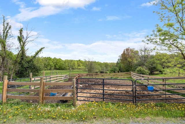 view of yard featuring a view of countryside, a view of trees, and fence