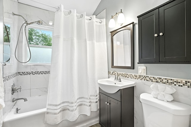 1755 Parmly Rd, Mohegan Lake, NY 10547 - bathroom with vanity, shower / tub combo, and tile walls