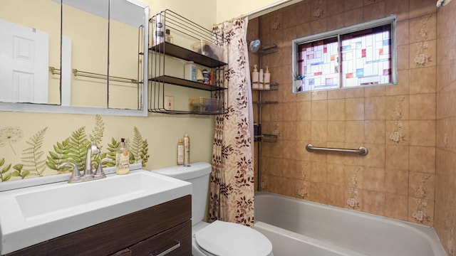 full bath with toilet, vanity, and shower / tub combo with curtain