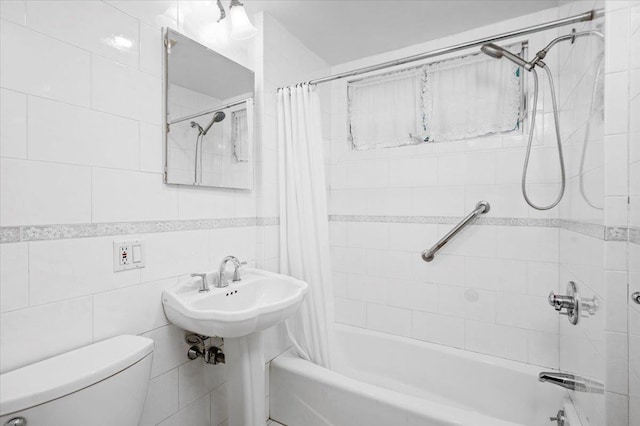 2 Ashley Rd, Hastings-On-Hudson, NY 10706 - bathroom with shower / bath combination with curtain, toilet, and tile walls