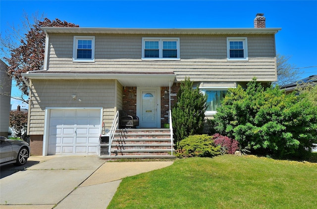 1793 Brian Ct, South Merrick, NY 11566 - view of front of house featuring a chimney, a garage, a front lawn, and driveway