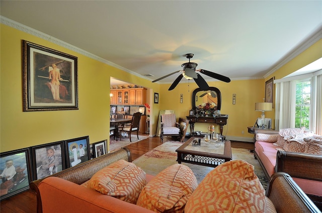 1793 Brian Ct, South Merrick, NY 11566 - living area featuring ornamental molding, a ceiling fan, wood finished floors, and baseboards