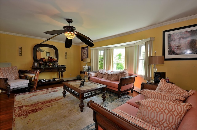 1793 Brian Ct, South Merrick, NY 11566 - living area with ceiling fan, wood finished floors, crown molding, baseboard heating, and baseboards