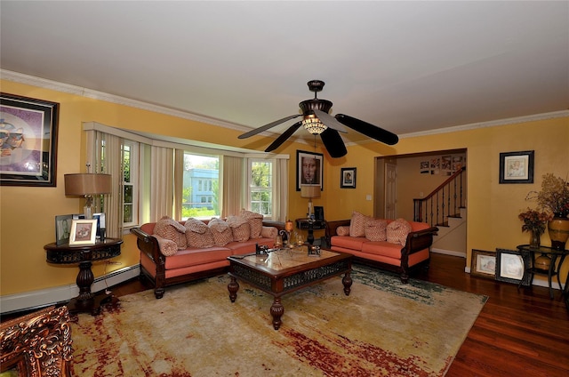 1793 Brian Ct, South Merrick, NY 11566 - living room with wood finished floors, a ceiling fan, crown molding, stairway, and baseboards