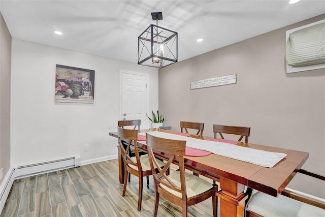 220 Boundary Ave, Massapequa, NY 11758 - dining area featuring recessed lighting, baseboards, a chandelier, wood finished floors, and baseboard heating