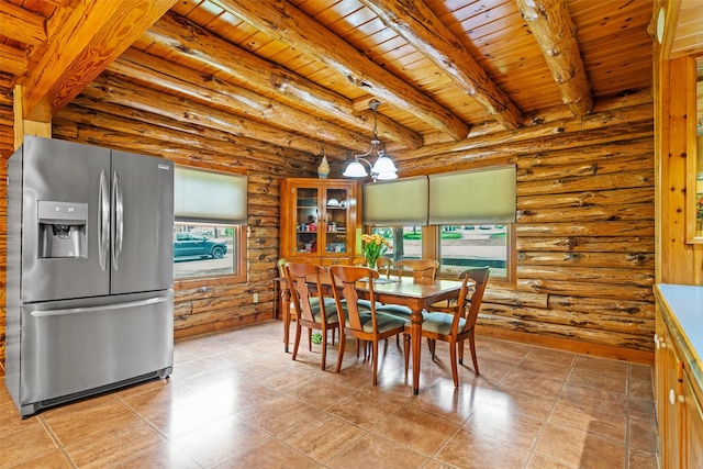 dining room with plenty of natural light, wooden ceiling, log walls, beamed ceiling, and light tile patterned floors