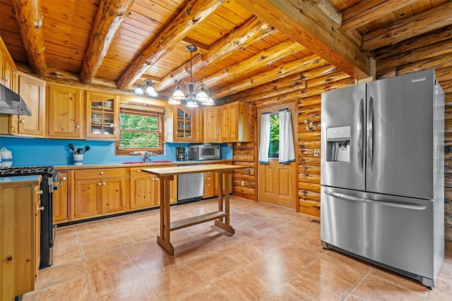 kitchen featuring appliances with stainless steel finishes, wooden ceiling, log walls, plenty of natural light, and beam ceiling