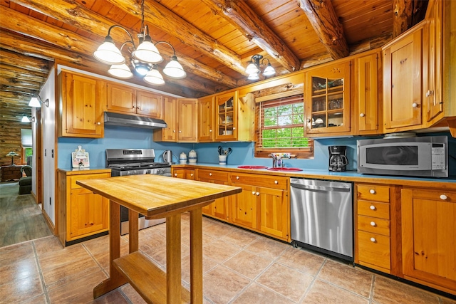 kitchen with appliances with stainless steel finishes, wooden ceiling, under cabinet range hood, brown cabinets, and beamed ceiling