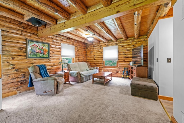 carpeted living room featuring wooden ceiling, beamed ceiling, baseboards, and log walls