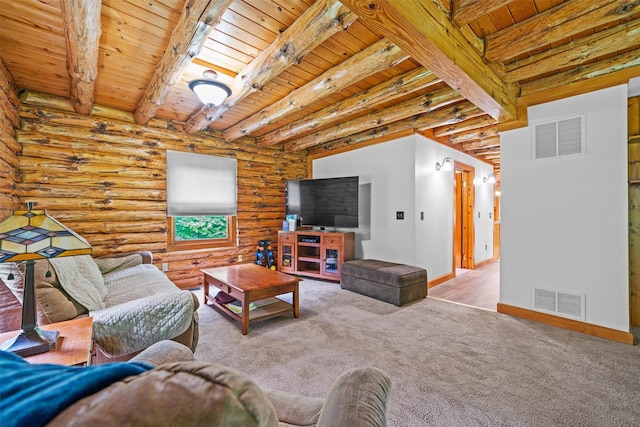 living room with wooden ceiling, rustic walls, beamed ceiling, and carpet