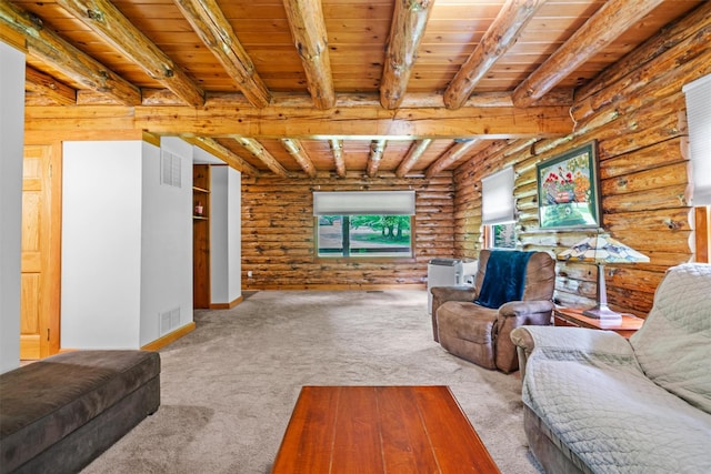 living room featuring carpet flooring, log walls, wood ceiling, beam ceiling, and baseboards