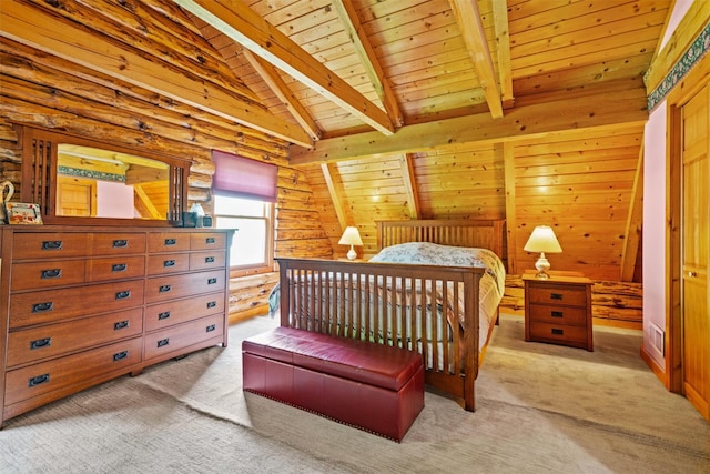 bedroom featuring wooden ceiling and light carpet