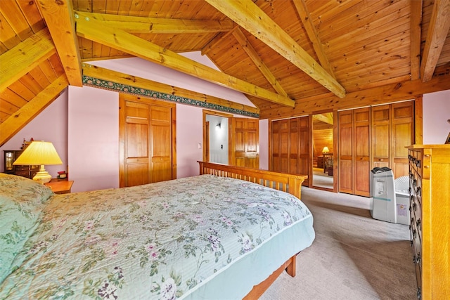 bedroom featuring light carpet, wooden ceiling, and wooden walls