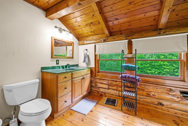 bathroom with wood ceiling, hardwood / wood-style flooring, toilet, and vanity