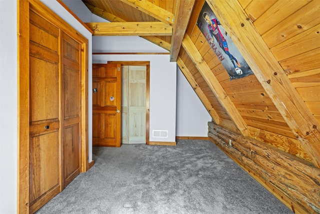 bonus room featuring wooden ceiling, carpet floors, and baseboards