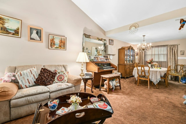 1243 Sylvia Ave, Baldwin, NY 11510 - carpeted living area featuring a chandelier and vaulted ceiling