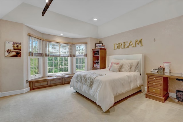 bedroom featuring light carpet, baseboards, and recessed lighting