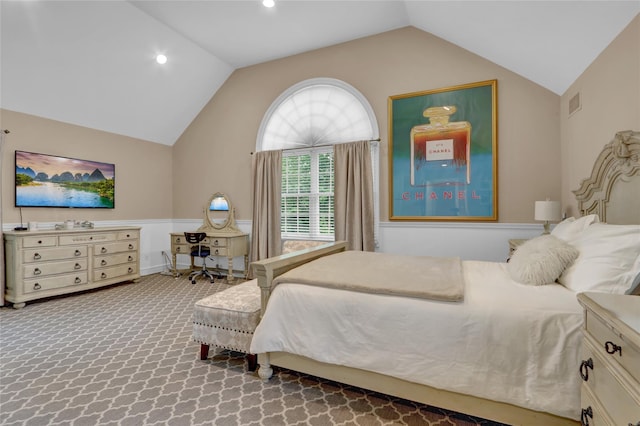 bedroom with lofted ceiling, carpet flooring, and recessed lighting