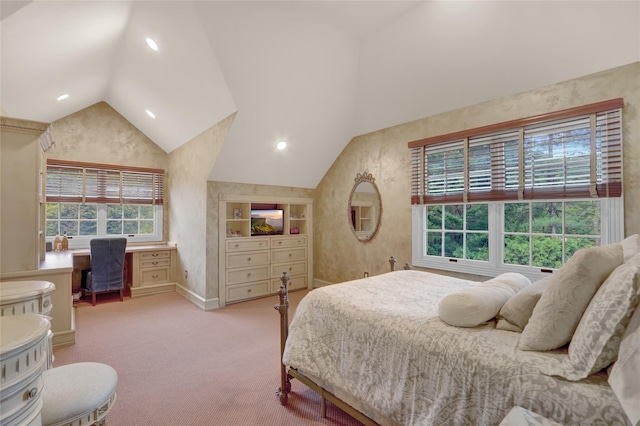 carpeted bedroom with a desk, baseboards, recessed lighting, and high vaulted ceiling