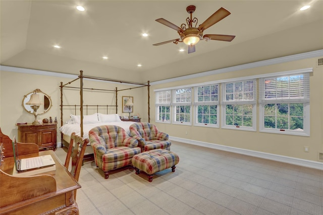 bedroom with multiple windows, baseboards, recessed lighting, ceiling fan, and ornamental molding