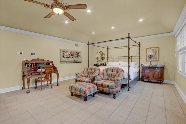 bedroom featuring baseboards, crown molding, recessed lighting, and a ceiling fan