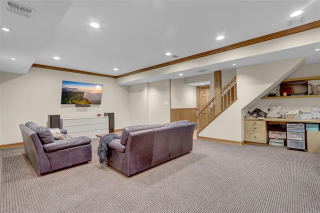 living area with light carpet, ornamental molding, baseboards, recessed lighting, and stairs