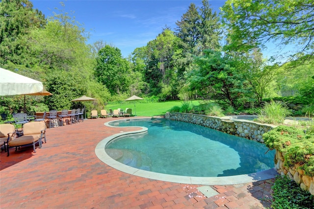view of swimming pool with a patio area, fence, and a pool with connected hot tub