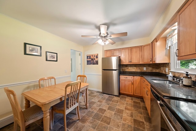 8 Anna D Ct, Hopewell Junction, NY 12533 - kitchen with freestanding refrigerator, a sink, backsplash, a ceiling fan, and stone finish floors