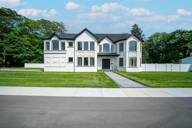 1259 Waterview Dr, Rockville Centre, NY 11570 - french country home with stucco siding, a standing seam roof, and metal roof