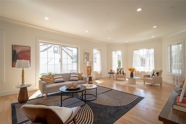 1259 Waterview Dr, Rockville Centre, NY 11570 - living area with ornamental molding, baseboards, light wood-style floors, and recessed lighting