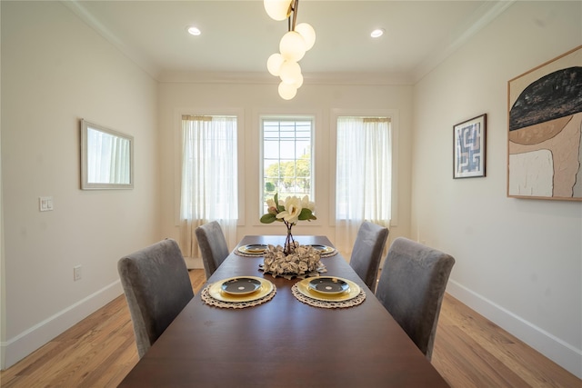 1259 Waterview Dr, Rockville Centre, NY 11570 - dining area featuring baseboards, ornamental molding, light wood-style floors, and recessed lighting