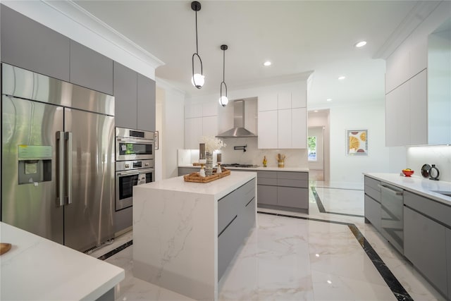 1259 Waterview Dr, Rockville Centre, NY 11570 - kitchen featuring stainless steel appliances, wall chimney exhaust hood, modern cabinets, gray cabinets, and light marble finish flooring