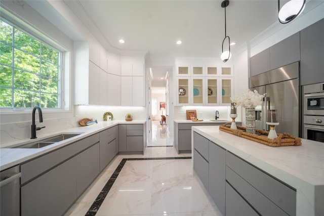 1259 Waterview Dr, Rockville Centre, NY 11570 - kitchen with gray cabinets, a sink, stainless steel appliances, light marble finish floors, and recessed lighting