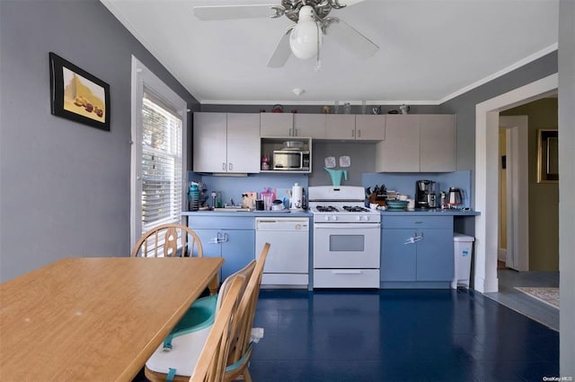 80 Monell Ave, Islip, NY 11751 - kitchen with white appliances, crown molding, and a ceiling fan