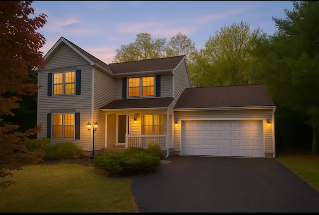 traditional home featuring driveway, covered porch, an attached garage, and a yard