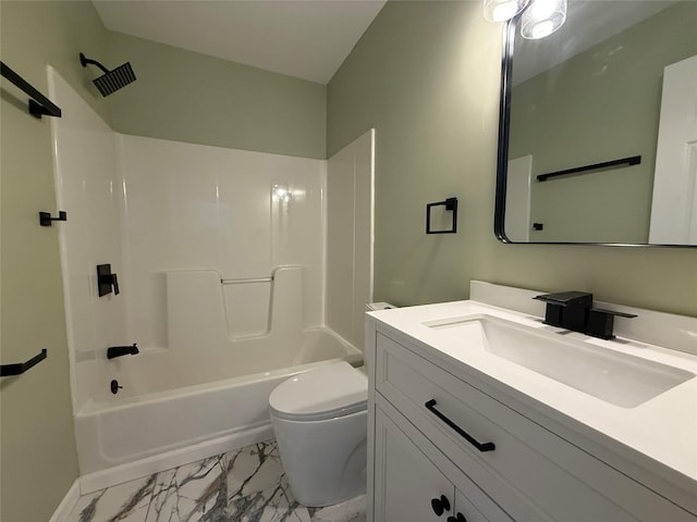 full bathroom featuring marble look tile flooring, toilet, vanity, and shower / washtub combination