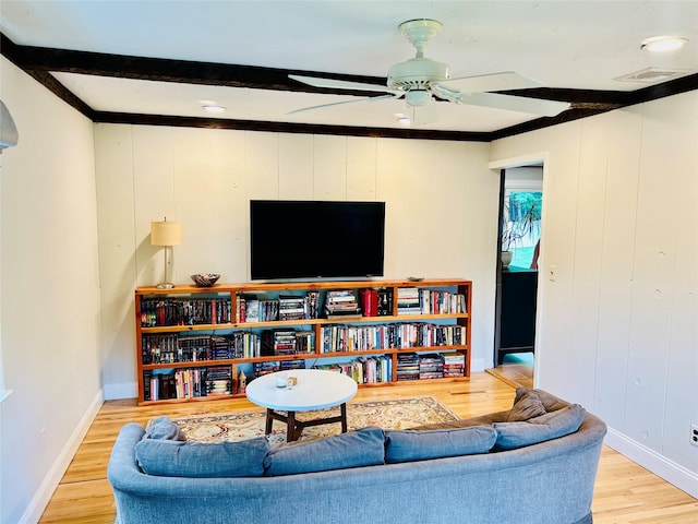 2 W Rd, East Setauket, NY 11733 - living room with light wood-style floors, a ceiling fan, and baseboards