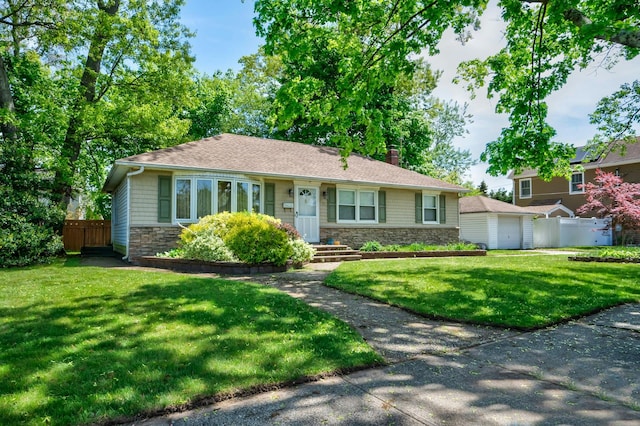 93 Broadway, Massapequa Park, NY 11762 - ranch-style house featuring stone siding, a chimney, and a garage
