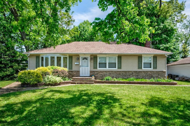 93 Broadway, Massapequa Park, NY 11762 - ranch-style home featuring a chimney, stone siding, and a front lawn