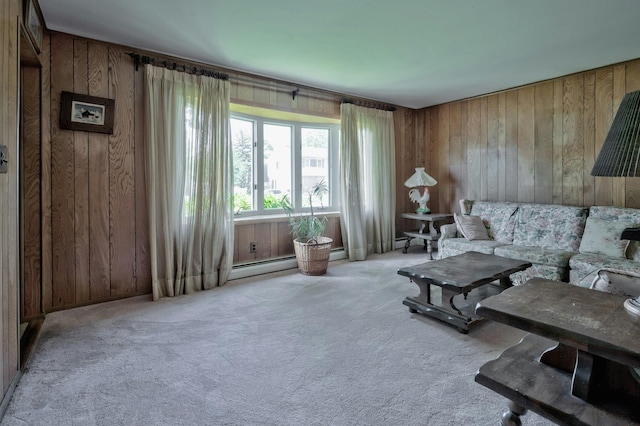 93 Broadway, Massapequa Park, NY 11762 - carpeted living room featuring wood walls and baseboard heating