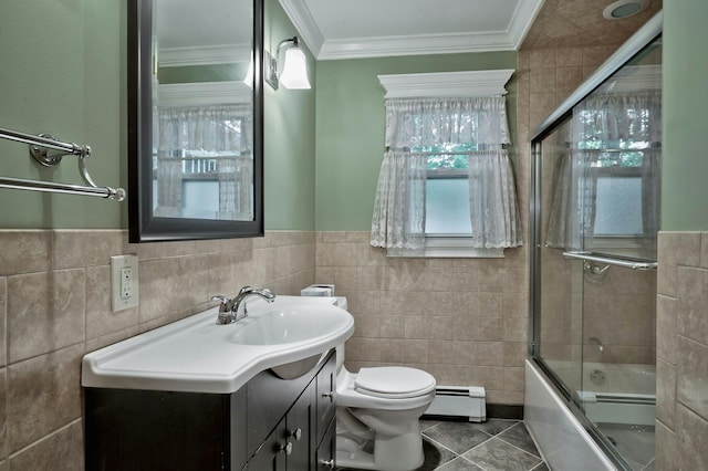 93 Broadway, Massapequa Park, NY 11762 - bathroom featuring baseboard heating, tile walls, crown molding, vanity, and toilet