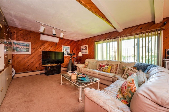 3176 Benjamin Rd, Oceanside, NY 11572 - living room featuring wooden walls, baseboard heating, carpet, a wall mounted air conditioner, and beam ceiling