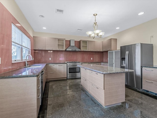 12 Pleasant Ave, Port Washington, NY 11050 - kitchen with appliances with stainless steel finishes, wall chimney range hood, granite floors, modern cabinets, and recessed lighting