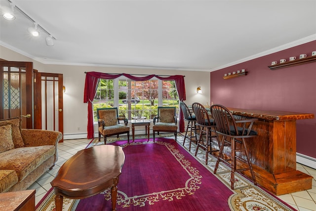 11 Carnelli Ct, Poughkeepsie, NY 12603 - living room with tile patterned floors, track lighting, a dry bar, crown molding, and baseboards