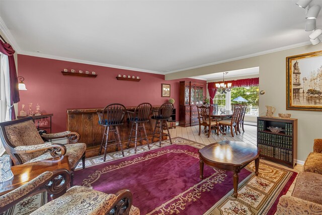 11 Carnelli Ct, Poughkeepsie, NY 12603 - living area with a chandelier, crown molding, and a dry bar
