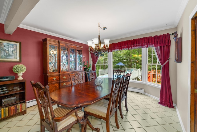 11 Carnelli Ct, Poughkeepsie, NY 12603 - dining space featuring a chandelier, a baseboard radiator, ornamental molding, light tile patterned floors, and baseboards
