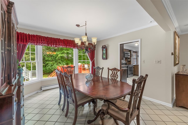 11 Carnelli Ct, Poughkeepsie, NY 12603 - dining room with a chandelier, baseboard heating, crown molding, light tile patterned floors, and baseboards
