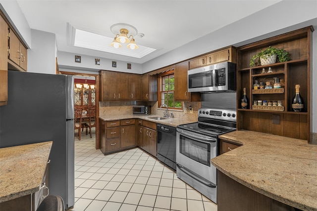 11 Carnelli Ct, Poughkeepsie, NY 12603 - kitchen featuring black appliances, a sink, tasteful backsplash, open shelves, and light tile patterned floors