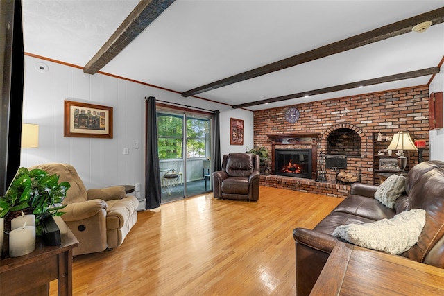 11 Carnelli Ct, Poughkeepsie, NY 12603 - living area featuring beamed ceiling, light wood-style floors, and a fireplace